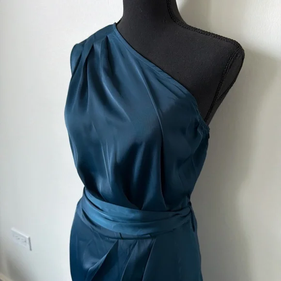 One-Shoulder Teal Blue Satin Dress - Picture 2 of 7